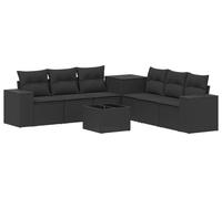 Ensemble de canapé modulaire, mobilier de salon d'extérieur, en résine tressée et en acier avec revêtement par poudre, 8 pièces, 6 places, couleur noire, avec coffre de rangement pour coussins et pied