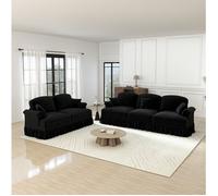 Ensemble de canapés 2 pièces en chenille noire, 3 places et 2 places, fixe, avec accoudoirs et jupe à volants amovible