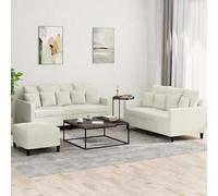 Ensemble de canapés 3 pièces en velours crème avec coussins, comprenant 2 canapés 2 places et pouf, idéal salon séjour bureau, structure métal et contreplaqué stable pour assise confortable