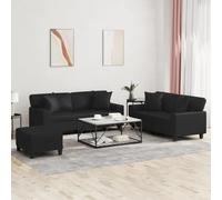 Ensemble de canapés 3 pièces noir en similicuir avec coussins confortables, structure robuste en métal et contreplaqué, pouf polyvalent pour salon séjour bureau, assise et dossier rembourrés