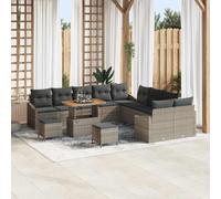 Ensemble de canapés de jardin 13 pièces en polyrotin gris, canapé modulaire avec coussins et comptoirs d'acacia, design moderne pour terrasse