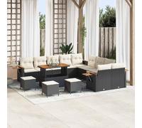 Ensemble de canapés de jardin 14 pièces en rotin noir, meubles modulaires de jardin avec accoudoirs et comptoirs en acacia, design moderne