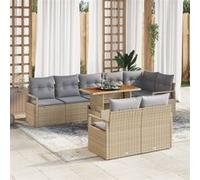 Ensemble de Canapés de Jardin 9 Pièces avec Coussins Beige Rotin Poly Acacia, Canapé de Jardin 2 Places avec Coussins Beige Rot G