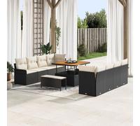 Ensemble De Canapés De Jardin De 11 Pièces Avec Coussins En Rotin Poly Noir Acacia, Canapé De Jardin 2 Places Avec Rangement Et Coussins En Rotin Poly Noir, Ensemble De Salle À Manger De Jardin De 3 P