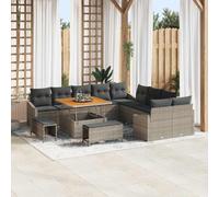 Ensemble de canapés de jardin en polyrotin gris 13 pièces avec coussins et comptoirs en acacia, ensemble de loisirs modulaire pour terrasse