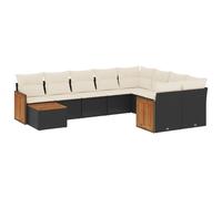 Ensemble de canapés de jardin modulaire 10 pièces, résine tressée noire, cadre acier, coussins déhoussables crème, table acacia, résistant UV