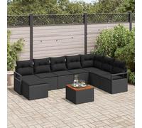 Ensemble de canapés de jardin modulaires 9 pièces en rotin synthétique noir avec coussins comprenant 4 bancs, coin, 2 canapés avec accoudoirs, pouf et table pour des sièges confortables