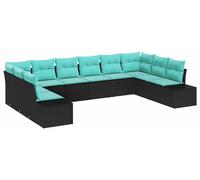 vidaXL Ensemble de canapés de jardin modulaire en polyrotin, 10 pièces, 9 places, noir et turquoise