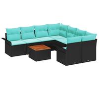 vidaXL Ensemble de canapé de Jardin 9 pcs Noir et Turquoise polyrotin, Jardin et terrasse, Set de canapés modulaires Modernes, résistant aux UV, Parfait pour se détendre et Profiter