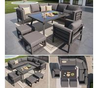 Ensemble de canapés de jardin Zerboco, en forme de demi-lune, pour 8 personnes, structure en fer, coussins gris, avec table en verre + fauteuil + tabouret, résistant aux intempéries