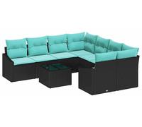 Ensemble de canapés vidaXL avec coussins, 9 pièces, noir et turquoise, en polyrotin