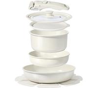 Ensemble de casseroles - Ensemble de batterie de cuisine - Pour une utilisation quotidienne - Poignées amovibles - 8 pièces - Blanc