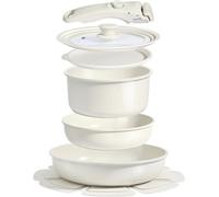 Ensemble de casseroles - Ensemble de batterie de cuisine - Pour une utilisation quotidienne - Poignées amovibles - 8 pièces - Blanc