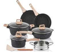 Ensemble de casseroles et de poêles Unyqoos® pour induction – Aluminium (fonte) avec revêtement antiadhésif en grès céramique, sans PTFE, comprenant des casseroles de 18, 24 et 28 cm, un couvercle, un