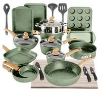 Ensemble de casseroles et poêles 30 pièces avec revêtement en granite, compatible induction, couleur verte