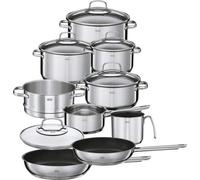 Ensemble de casseroles et poêles Unyqoos® en acier inoxydable, disponible en 4, 5 ou 10 pièces : casseroles et poêles de 16, 20, 24 et 28 cm, cuiseur vapeur de 20 cm, casserole à lait de 14 cm, couver