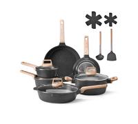 VEVOR Batterie de cuisine, 17 pcs, ensemble de casseroles et poêles à induction avec revêtement anti-adhésif en granit, couvercles en verre trempé, avec friture, sauce, sauté, passe au gril, noir