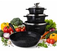 Ensemble de casseroles Masterpan, 7 pièces, comprenant : 3 casseroles de 16 cm, 20 cm et 24 cm, et une poêle de 24 cm. Compatible avec les plaques à induction et tous types de cuisinières. Revêtement 