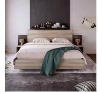 Ensemble de Chambre 160x200cm Lit Double, Tables de Chevet Intégrées pour Rangement, Bois Chêne Sonoma/Gris Foncé, Mont LIT COMPLET