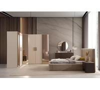 Ensemble de chambre à coucher beige : lit rembourré design, coiffeuse et armoire d'angle