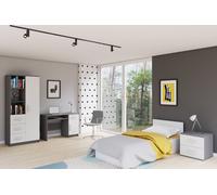 Ensemble de chambre d'enfant Armoire Étagère Bureau Lit Table de nuit Gris/Blanc avec poignées blanches et matelas Jonas II 01