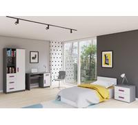 Ensemble de chambre d'enfant Armoire Étagère Bureau Lit Table de nuit Gris/Blanc avec poignées couleur Erika sans matelas Jonas II 01