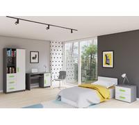 Ensemble de chambre d'enfant Armoire Étagère Bureau Lit Table de nuit Gris/Blanc avec poignées vertes et matelas Jonas II 01