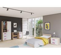 Ensemble de chambre d'enfant Armoire Étagère Bureau Lit Table de nuit Sonoma/Blanc avec poignées roses sans matelas Jonas III 01
