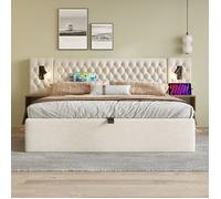 Ensemble de chambre Lit Double 160x200 hydraulique, 2 tables de chevet, tête de lit velours beige avec lampes et USB ,Sans Matelas