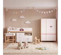 Ensemble de chambre pour enfant GINGER HOME CHERRY comprenant un lit combiné 90 x 200 cm, un bureau, une commode, une armoire et une garde-robe à trois portes, dans les couleurs blanc, rose et bois na