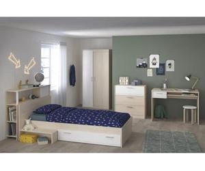 Ensemble de chambre pour enfant PARISOT, 5 pièces : lit 90x190 avec tête de lit avec espace de rangement, bureau, commode et armoire, en bois d'acacia clair/blanc
