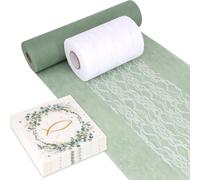 Ensemble de Chemin de Table Mosel, Motif Eucalyptus Vert et Blanc, 100 Serviettes pour la première Communion, Chemin de Table Non tissé (30 cm x 25 m) et Ruban de Dentelle (15 cm x 25 m)