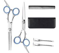 Ensemble de ciseaux de coiffure professionnels Unyqoos® – 1 ciseau de coupe et 1 ciseau de dégradé, en acier inoxydable 4CR13, ergonomiques avec poignées en caoutchouc amovibles, 2 pinces à cheveux, c