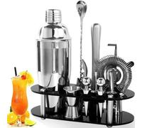 Ensemble de cocktails Unyqoos® composé de 12 pièces – en acier inoxydable (qualité alimentaire), comprenant un shaker, un doseur de 30/15 ml, un filtre, un pilon, une pince à glace et un support