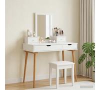 Ensemble de Coiffeuse 4 pc Blanc 100 x 50 x 143 cm avec Rangement | Pattes en pin massif, plateau en bois d'ingénierie, entretien facile, design compact et moderne