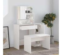 Ensemble de Coiffeuse Blanc Brillant avec Tabouret et Miroir 86,5x35x136 cm | Bois d'ingénierie, surface lisse, résistance à l'humidité, fixation murale fournie, manuel de montage inclus