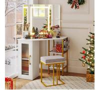 Ensemble de Coiffeuse et Tabouret COSTWAY, Miroir Triple à 3 Couleurs de Lumière, Station de Charge, 2 Sacs en Tissu, Cadeau Idéal