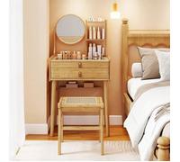 Ensemble de Coiffeuse et Tabouret en Bambou COSTWAY avec Miroir, 2 Tiroirs, Étagères Ouvertes, Plateau en Verre, Design Compact