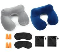 Ensemble de coussins de voyage gonflables Ibenzoa® – 2 coussins pour le cou en tissu moelleux, 2 masques de sommeil et 2 bouchons d'oreille, forme ergonomique en U, gonflage rapide (2 à 3 inspirations