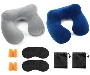 Ensemble de coussins de voyage gonflables Ibenzoa® – 2 coussins pour le cou en tissu moelleux, 2 masques de sommeil et 2 bouchons d'oreille, forme ergonomique en U, gonflage rapide (2 à 3 inspirations