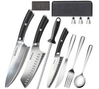 Ensemble de couteaux 11 pièces avec affûteur et étui | Couteau de chef, couteau Santoku, couteau utilitaire | Acier inoxydable | Inclut un protège-couteaux