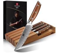 Ensemble de couteaux à steak, 5 pièces, acier damas de 67 couches, forgés à la main, lame tranchante, support à couteaux en bois d'acacia, manches en bois de rose, boîte cadeau