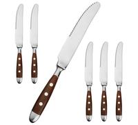 Ensemble de couteaux à steak, 6 pièces, en acier inoxydable poli, avec des manches marron et un tranchant ondulé