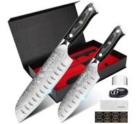 Ensemble de couteaux comprenant : un couteau Santoku de 18 cm et un couteau de cuisine de 14 cm. Ensemble fabriqué en acier inoxydable allemand 1.4116, avec manches en bois et affûteur de couteaux