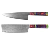 Ensemble de couteaux damassés, comprenant un couteau de cuisine et un couperet, dotés de manches en bois exclusifs et uniques