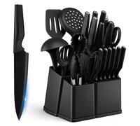 Ensemble de couteaux de 22 pièces avec accessoires de cuisine en acier inoxydable et en silicone, couleur noire