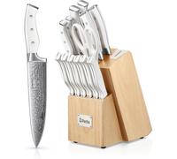Ensemble de couteaux de cuisine 14 pièces avec affûteur intégré, en acier inoxydable, avec manches en plastique, présenté dans un bloc en bois, de couleur blanche