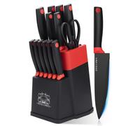 Ensemble de couteaux de cuisine 14 pièces avec affûteur intégré et ciseaux, noir/rouge