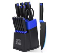 Ensemble de couteaux de cuisine 14 pièces, comprenant un bloc auto-affûtant, des couteaux à steak et des ciseaux, avec revêtement antiadhésif, de couleur bleue