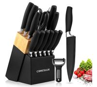 Ensemble de couteaux de cuisine 15 pièces, noir, en acier inoxydable, comprenant un couteau de chef, un couteau à pain, une aiguisette et des ciseaux